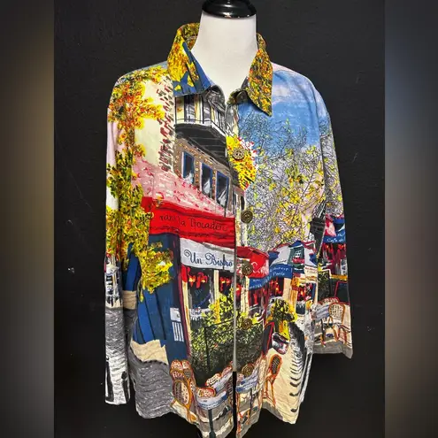 Vintage button up art painting Paris shirt Christopher Banks long sleeve size XL Blue