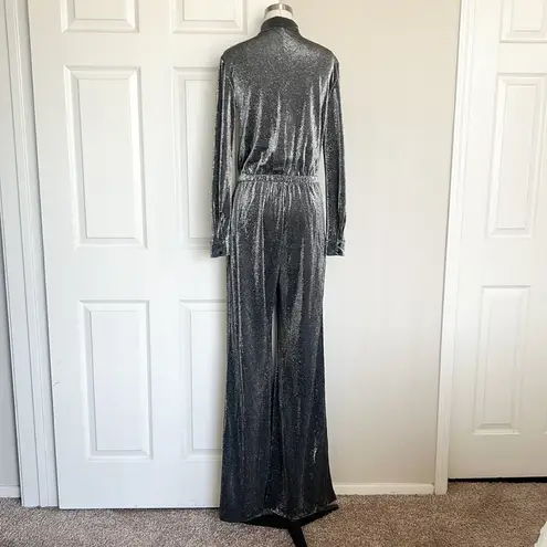 House Of CB  Beatriz Silver Metallic Sparkly Button Front Long Sleeve Jumpsuit - Image 5