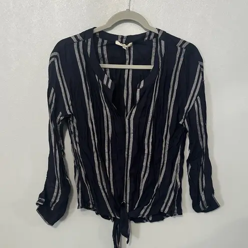 Papaya  Navy Blue & White Striped Tie-Front Blouse