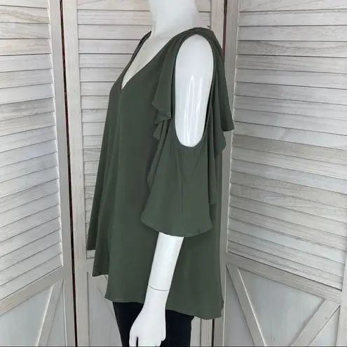 Love Riche Ruffle Sleeve Cold Shoulder Top Army Green Small V-neck