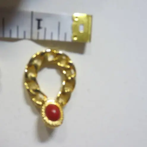 Gold Chain Hoop Statement Earrings Red Cabochon Clip