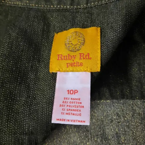 Ruby Rd Petite Womens Beaded Denim Jacket 10P Green Zip Embellished Boho Western