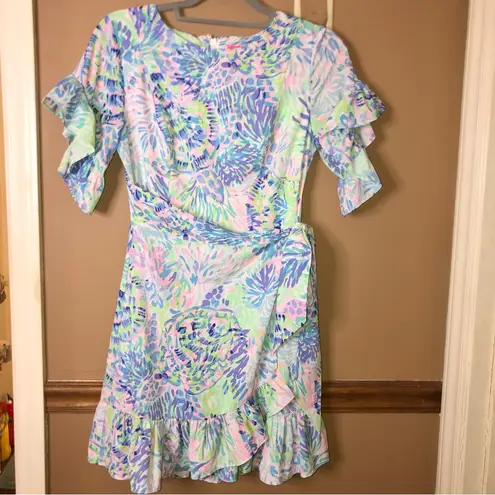 Lilly Pulitzer  Darlah Ruffle Wrap Dress Shell of a party green purple‎ Size 0