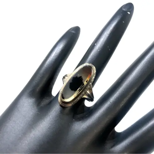 10K SOLID WHITE GOLD CABACHON DENDRITE OPAL OVAL SHAPED STATEMENT RING (6.25) Silver