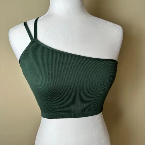 Aerie Ribbed One Shoulder Bralette Bra Cropped Tank Top Size Small Green