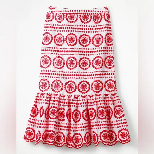 Boden Broderie Embroidered Scalloped Lined Hem Midi Skirt Red White Size 2P
