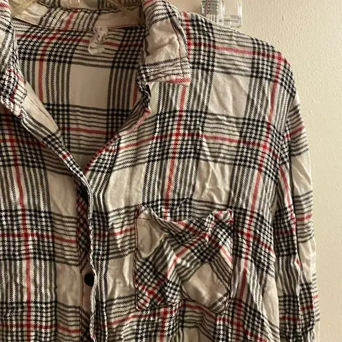 Beach Lunch Lounge Women’s Plaid Button-Up Shirt Large Bust 38” Black White Red