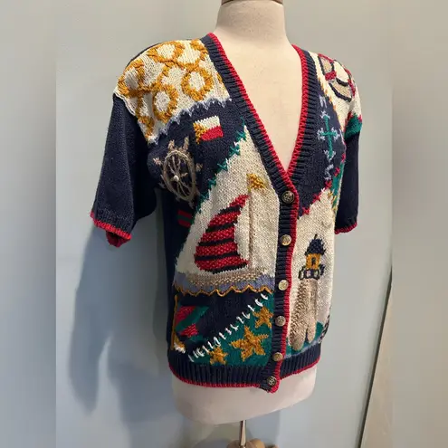 Ashley Vintage hand knit sailboat nautical sweater cardigan size Medium Red