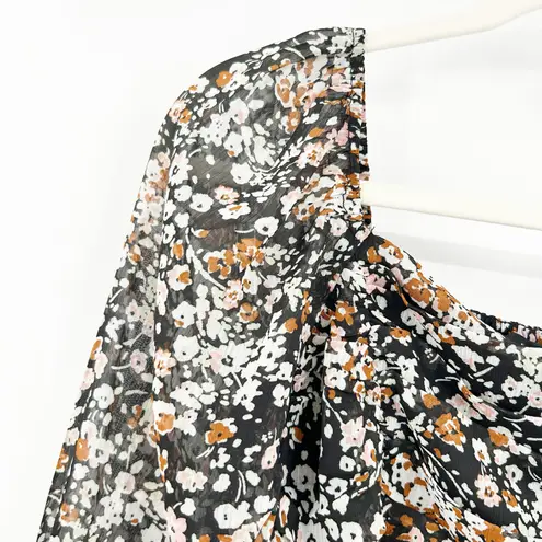 NWT Lulus Womens Mood Setter Ruched Long Sleeve Ditsy Floral Crop Blouse Top S Black