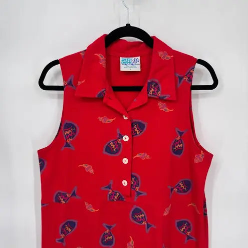 Vintage Zip Code Collared Maxi Dress Womens Large Red Cotton Fish Print Mexico