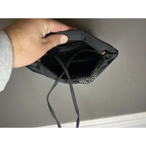 Vintage Morris Moskowitz Evening Bag Womens Black Satin Rhinestone Made USA 80s