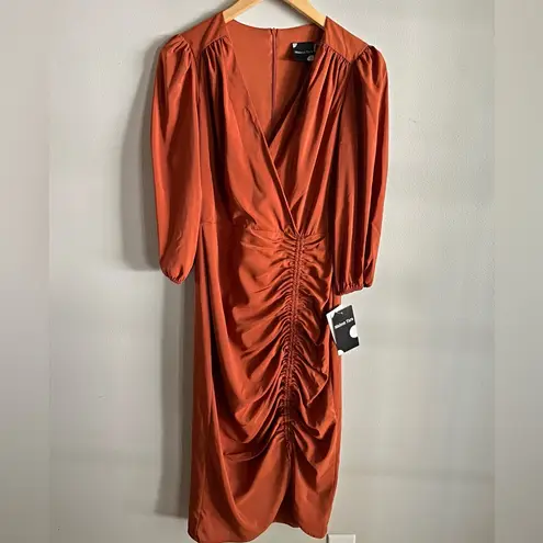 Maison Tara Rust Satin Ruched Midi Dress Size 4 Puff Sleeve Wrap Cocktail Orange