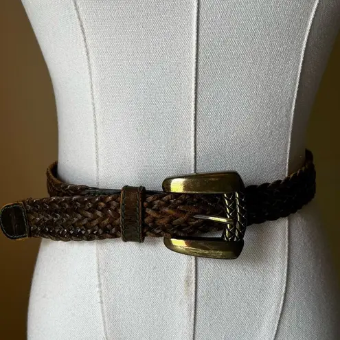 Vintage 1991 Liz Claiborne Belt Braided Brown Leather Gold Tone Chunky Buckle XS
