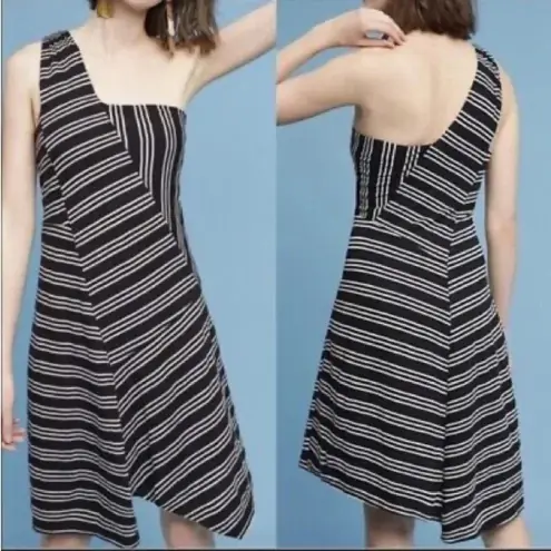 Anthropologie  Maeve Black & White Stripe Moka One-Shoulder Dress Size XS