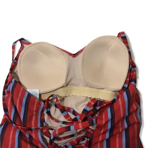 Kona Sol NWOT Red Blue Stripe Lace-Up Back Crisscross One Piece Swimsuit New