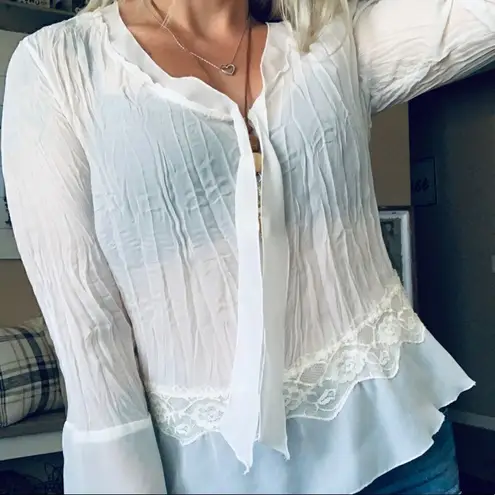 Vintage Robbie Bee boho lace crinkle long fluted sleeve sheer blouse Size L