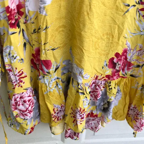 Jaase Women’s Shirt Tunic Yellow Floral Swan Ladder Lace Boho Medium