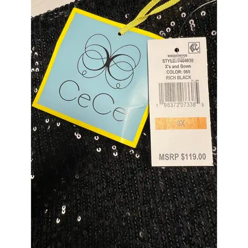 CeCe Black Sequin Cocktail Shift Dress Satin Tie Neck Short Sleeve NEW Size 3X