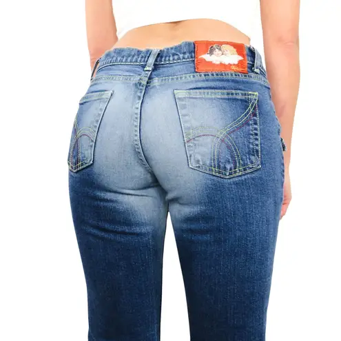 Fiorucci Y2k Vintage Angels Patch Low Rise Distressed Flared Jeans Size 11 29"