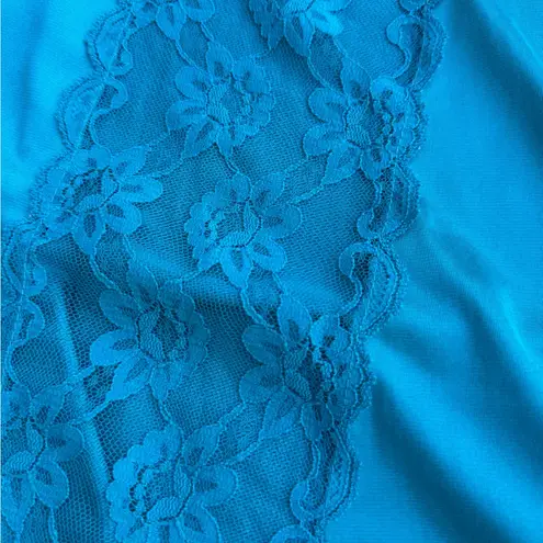 Vtg Val Mode Lingerie Slip Dress Nightgown Small Teal Blue Shiny Nylon Lace Long