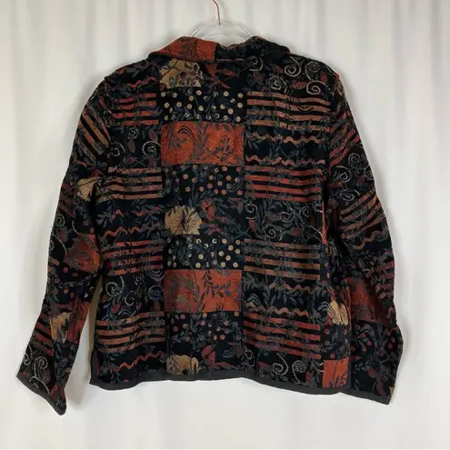 Christopher & Banks  | Black Autumn Patchwork Tapestry Fall Leaf Button Jacket XL