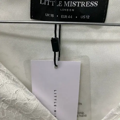 Little Mistress NWT Midi Skater Dress White Lace Pleated Twist Front Long Sleeve