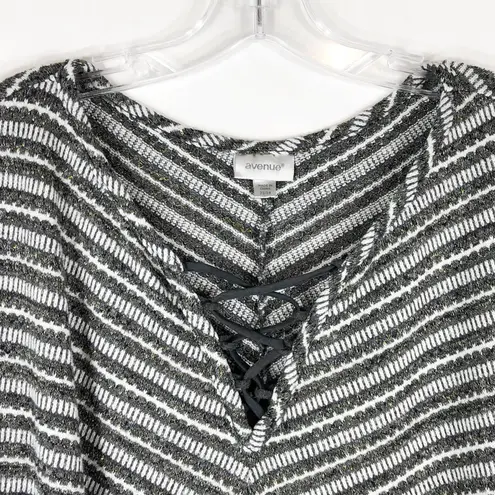 Avenue Plus Size 22 24 Sweater Top Gray Gold White Striped Lace Up V Neck 1272