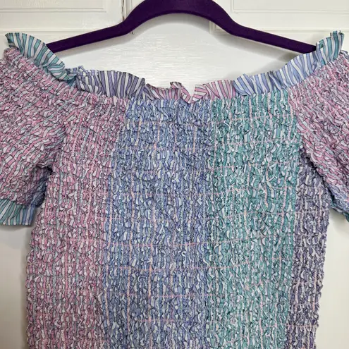 Revolve Petersyn Kinsey Smocked Off The Shoulder Ruffle Top in Pink/Blue/Purple - Large