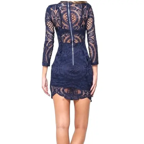 Hello Molly Dress Size 6 Blue Crochet Mini Sheath High Neck Long Sleeve Cocktail