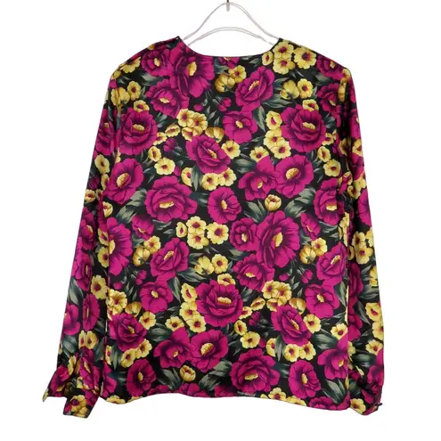 Vintage Magenta Pink & Yellow Floral Long Sleeve Satin Blouse Small Purple