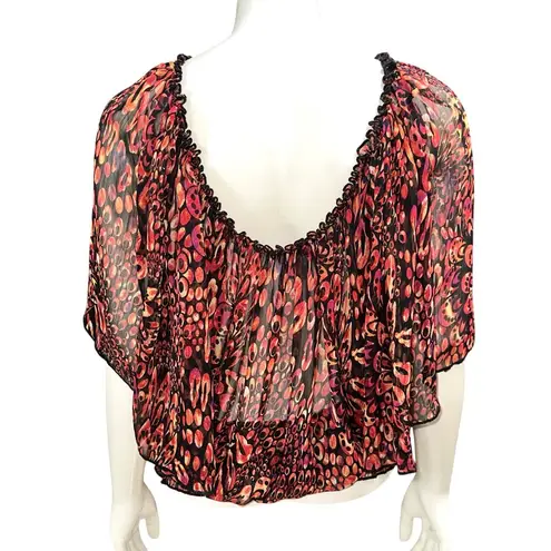 Ultra Pink Medium Sheer Flutter Sleeve Blouse Red Orange Abstract Dot Print Top