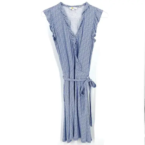 BODEN Ruffle Fixed Wrap Jersey Bluebell Geo Printed Stretch Knit Belted Dress Blue Size 2