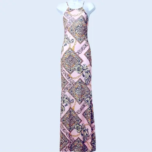 Madrag Scarf Pattern Versace Style Baroque Print Slip Maxi Dress Pink Women’s M Size M