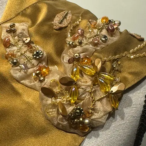 Embellished Gold Scarf with Beaded Fringe