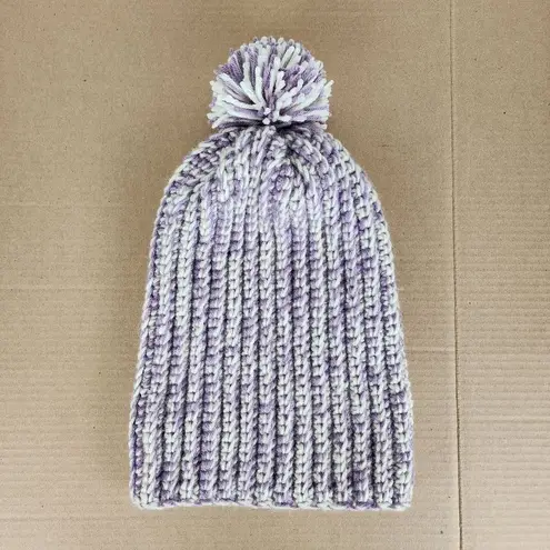 Crochet Handmade Chunky Ribbed Beanie Cream Purple Pompom Warm Hat Cap