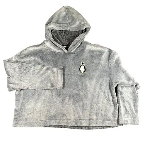 Joyspun Hoodie Womens M Penguin Embroidered Plush Sweatshirt Cozy Fleece Gray Size M
