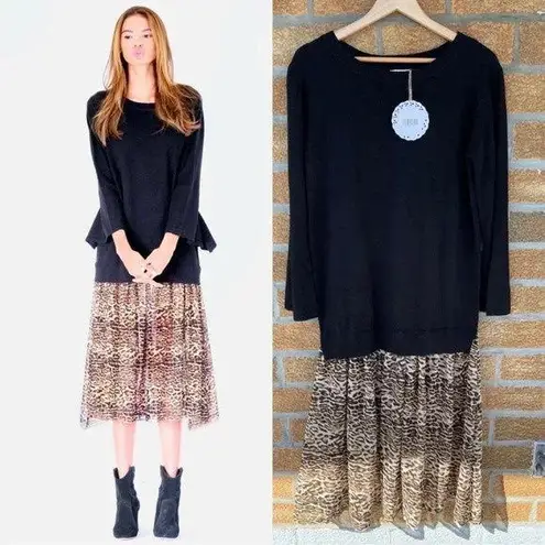 Muche Et Muchette Womens Knit Sweater Dress One Size Chiffon Layered Leopard Black