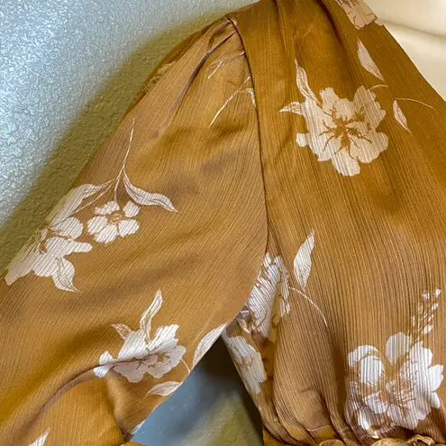 Privy Crinkled Satin Ruffle Long Sleeve Mini Dress Gold Brown White Size Large