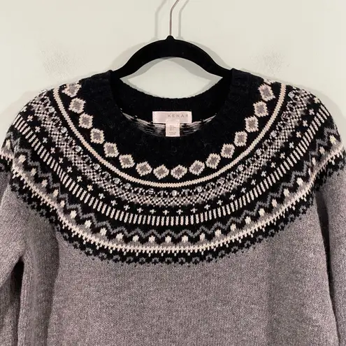 Kenar Women Black & Grey Lambswool Blend Bejeweled Fair Isle Sweater Size L NWT