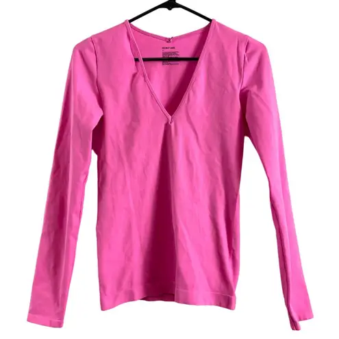 Helmut Lang Cutout Slash V-Neck Long Sleeve Top Shirt Disco Neon Pink M/L