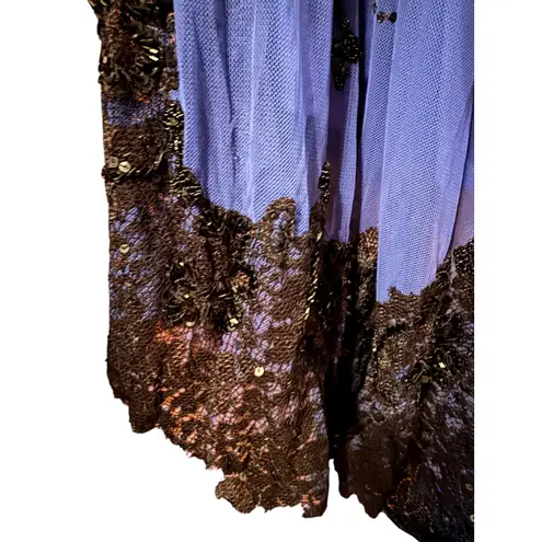 Mac Duggal Royal Blue Black Beaded Lace Cap Sleeve High Slit Gown