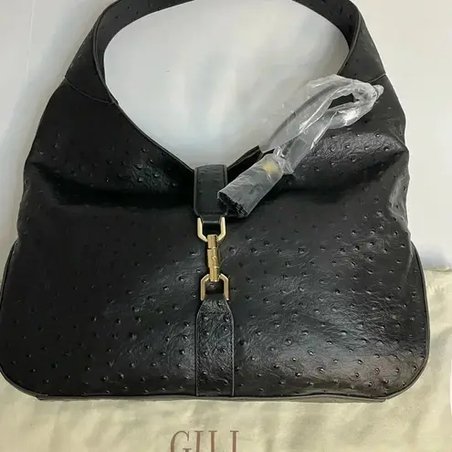 GILI Ostrich Leather Hobo Bag Stirrup Black NWOT Dust bag Shoulder Purse Handbag