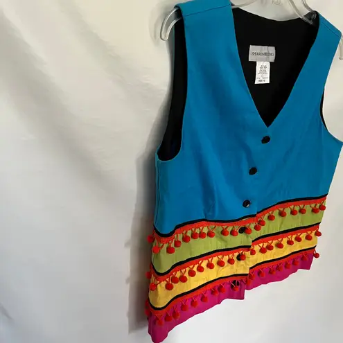Vtg 90s Sharon Young Pom Pom Womens Vest 12 Linen Colorblock Boho Festival Artsy Blue