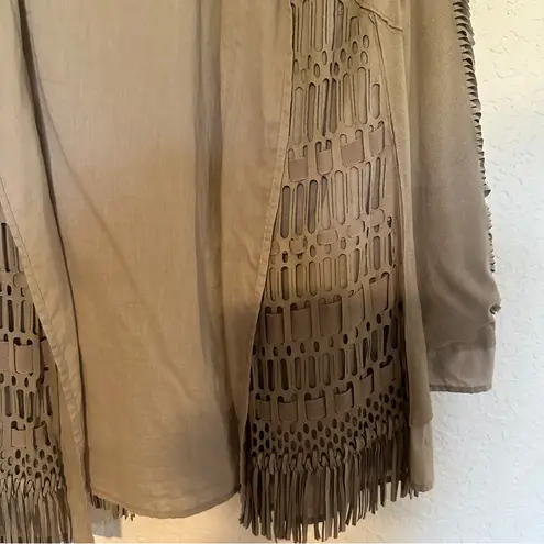 Chico's  Faux Suede Fringe Open Work Jacket Top‎ Taupe Size 2 (L-10-12)