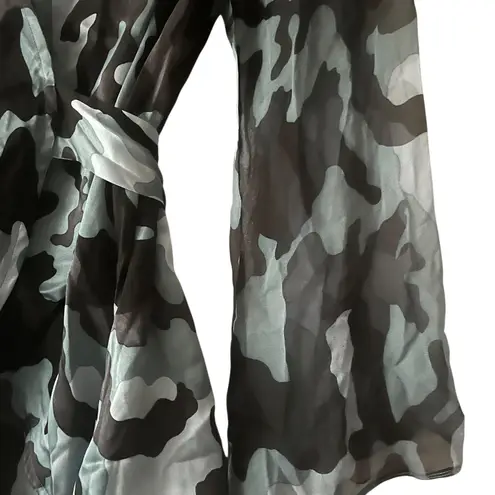 KENT NIELSEN Women's Camo Wrap Long Sleeve Sheer Blouse Top Business Casual Gray
