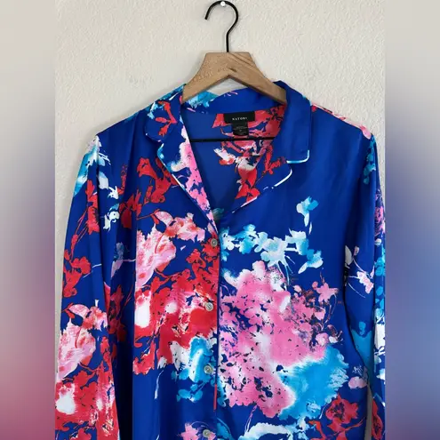 Natori Satin Blue Floral Tsubaki Knotch Long Sleeve Pajamas Shorts Set Medium