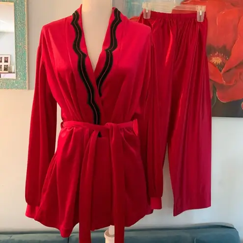 Vintage Womens Robe And Pants Size M Medium Pink Silky Satin Velour Romantic Black