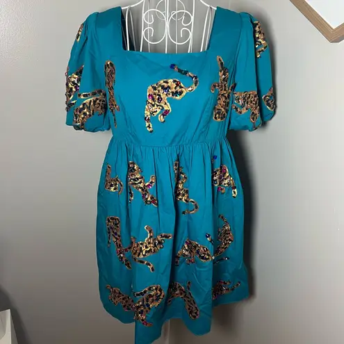 Queen Of Sparkles Turquoise Leapin' Leopards Sequined Jeweled Mini Dress Sz S Blue