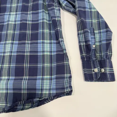 LL Bean Womens Blue Plaid Madras Cotton Button Up Shirt Size LARGE