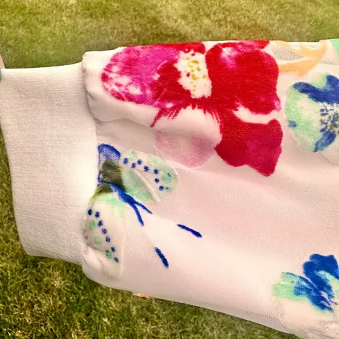 INC International Concepts White with Velvet Flowers Bomber Jacket Size L